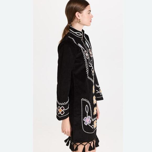 Figue Catalina Dress In Black Corduroy Floral Print Tassels Size XS - Picture 7 of 15